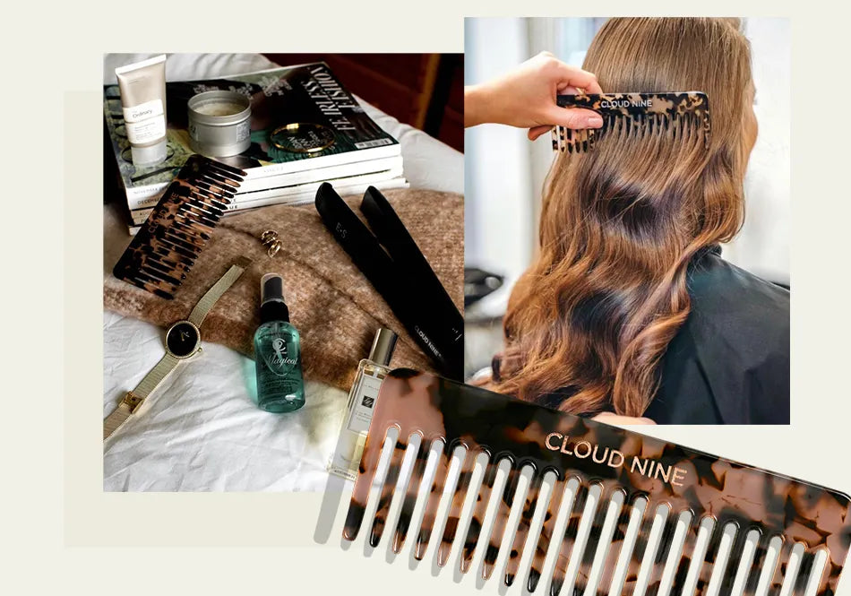 Three images of The Luxury Texture Comb - one on a desk surrounded by accessories, another being comb through brown hair and a close up image of the comb.