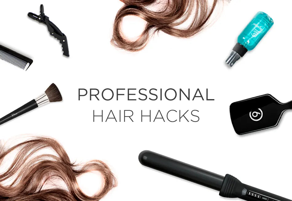 Image with text 'Professional Hair Hacks' surrounded by various items including curly brown hair, the Curling Wand, Magical Potion and Croc Clips.