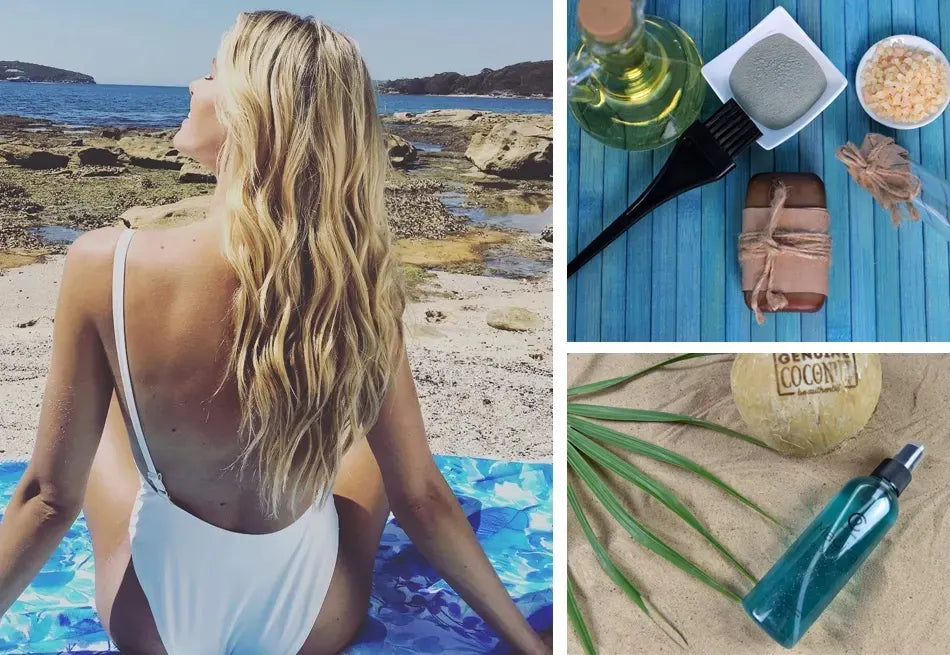 A collage of 3 images - a model with her back to the camera in a white swimsuit with long blonde hair, the Magical Potion and ingredients for a masque.