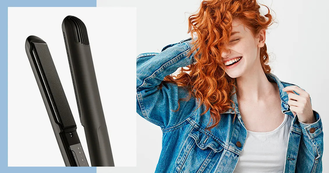 Image of The Original Iron next to a smiling model with curly red hair.