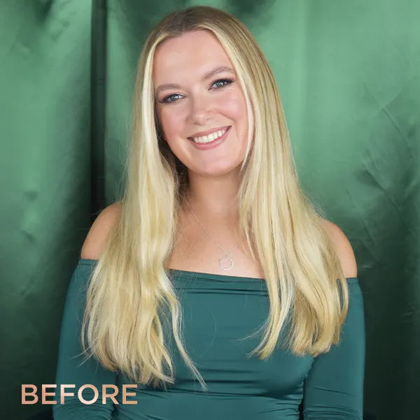'Before' image of smiling blonde model with straight hair.