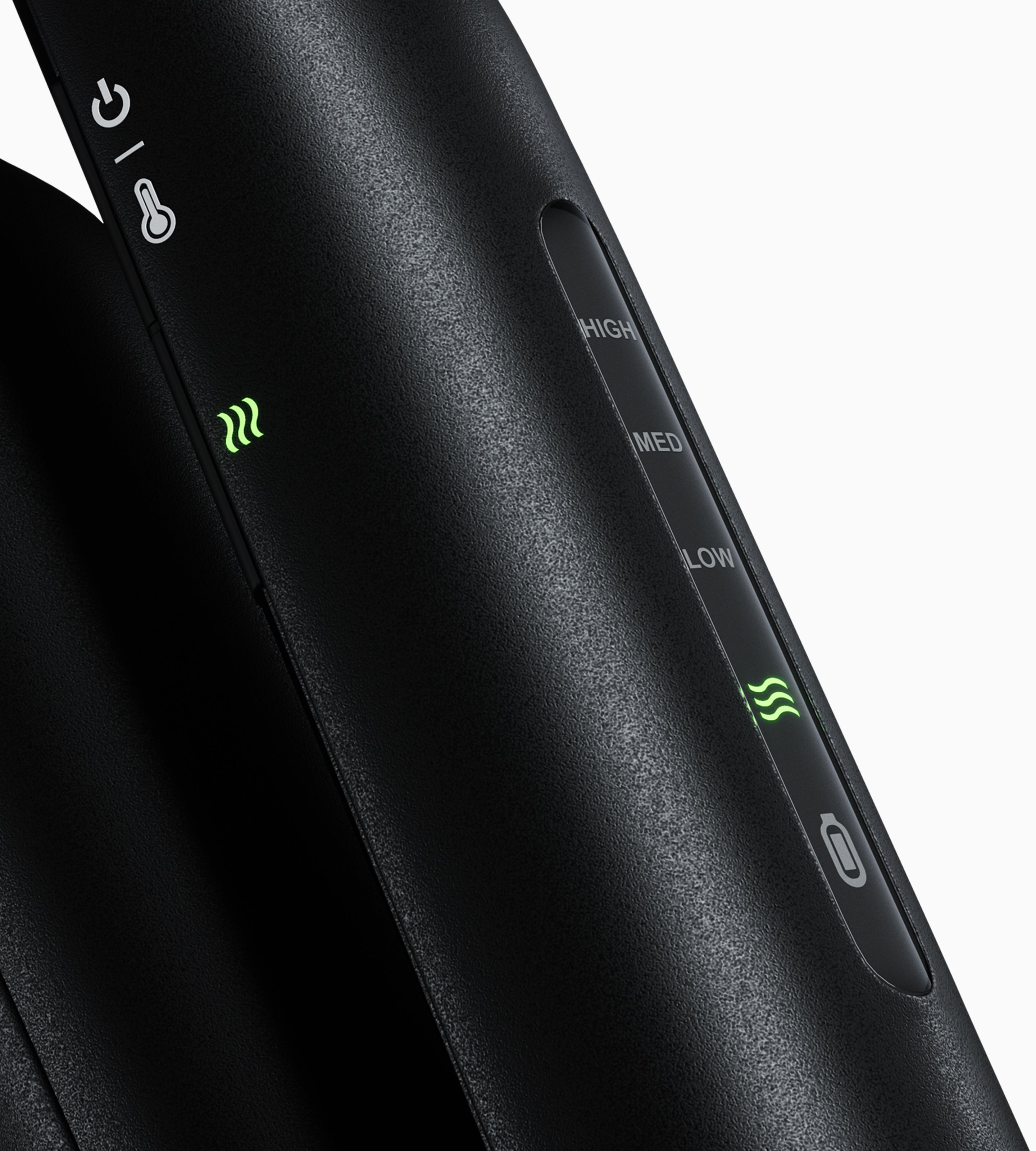 Close up of the Variable Temperature Control panel and Revive Mode on the black Original Cordless Iron.