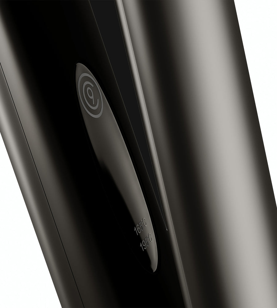 Zoomed in view of temperature controls on a black Touch Iron hair straightener.