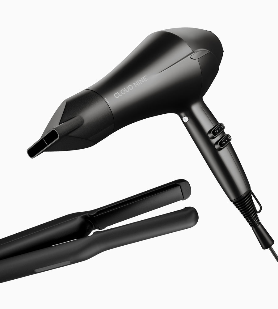 The Original Cordless Iron coming in from the left of the image and The Airshot positioned in the middle. Both are black.