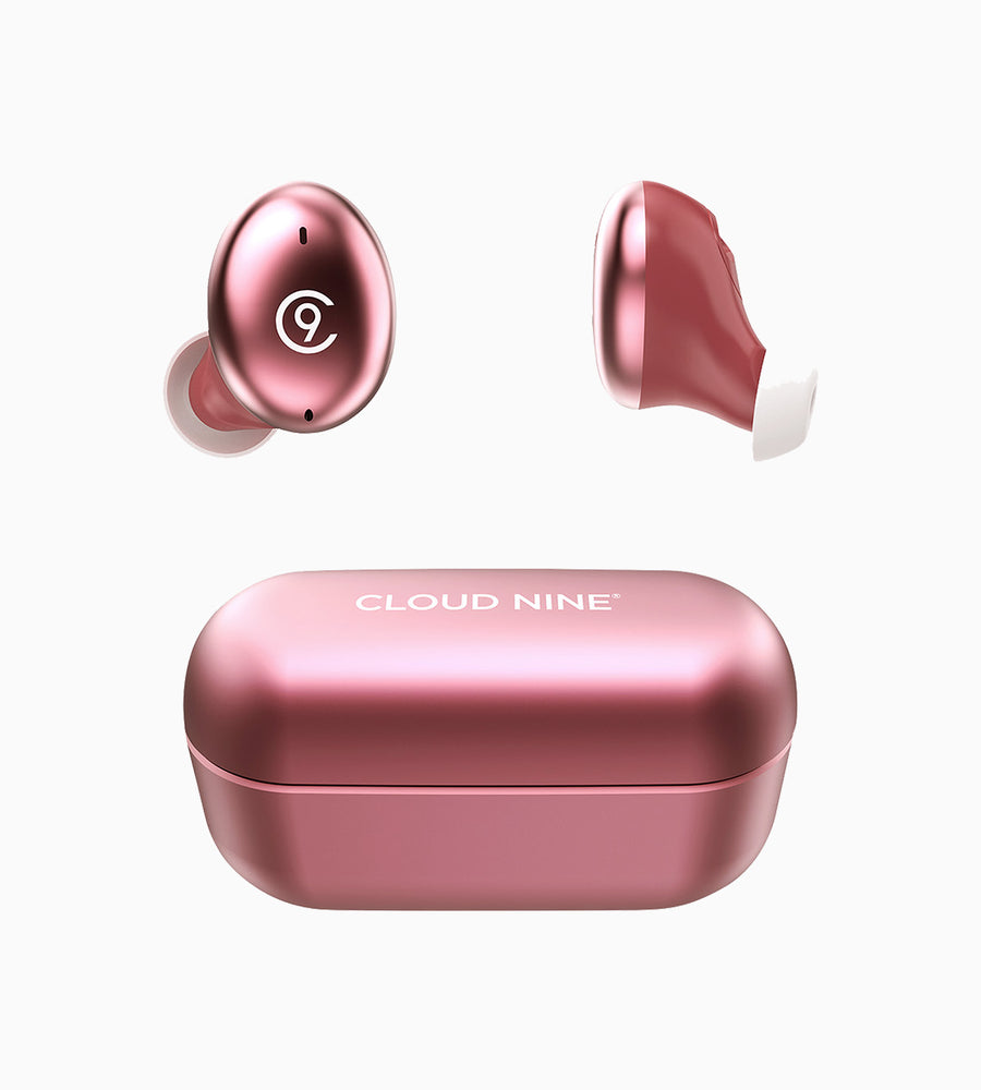 Metallic pink i3 Wireless Earbuds and their case pictured separately, both featuring CLOUD NINE branding.