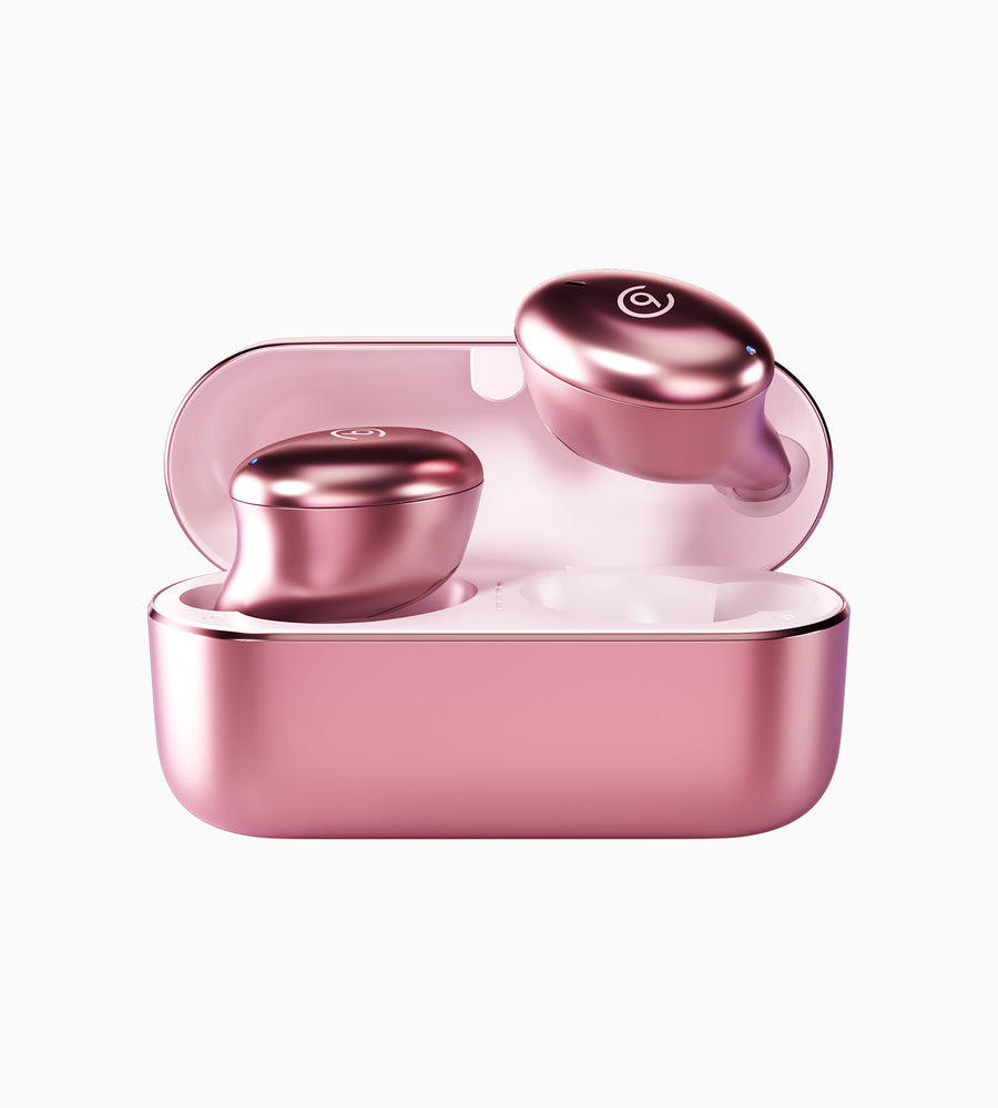 Metallic pink i3 Wireless Earbuds in their case with the top open showing the CLOUD NINE branding.