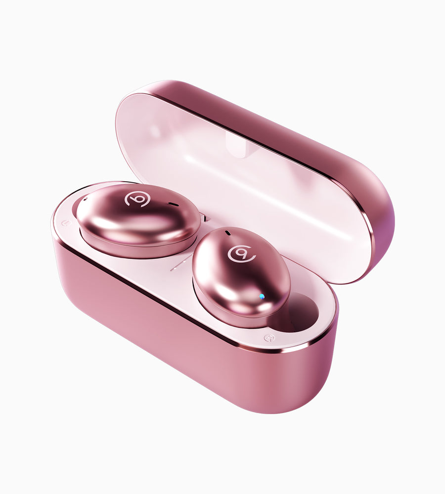 Metallic pink i3 Wireless Earbuds in their case with the top open showing the CLOUD NINE branding.