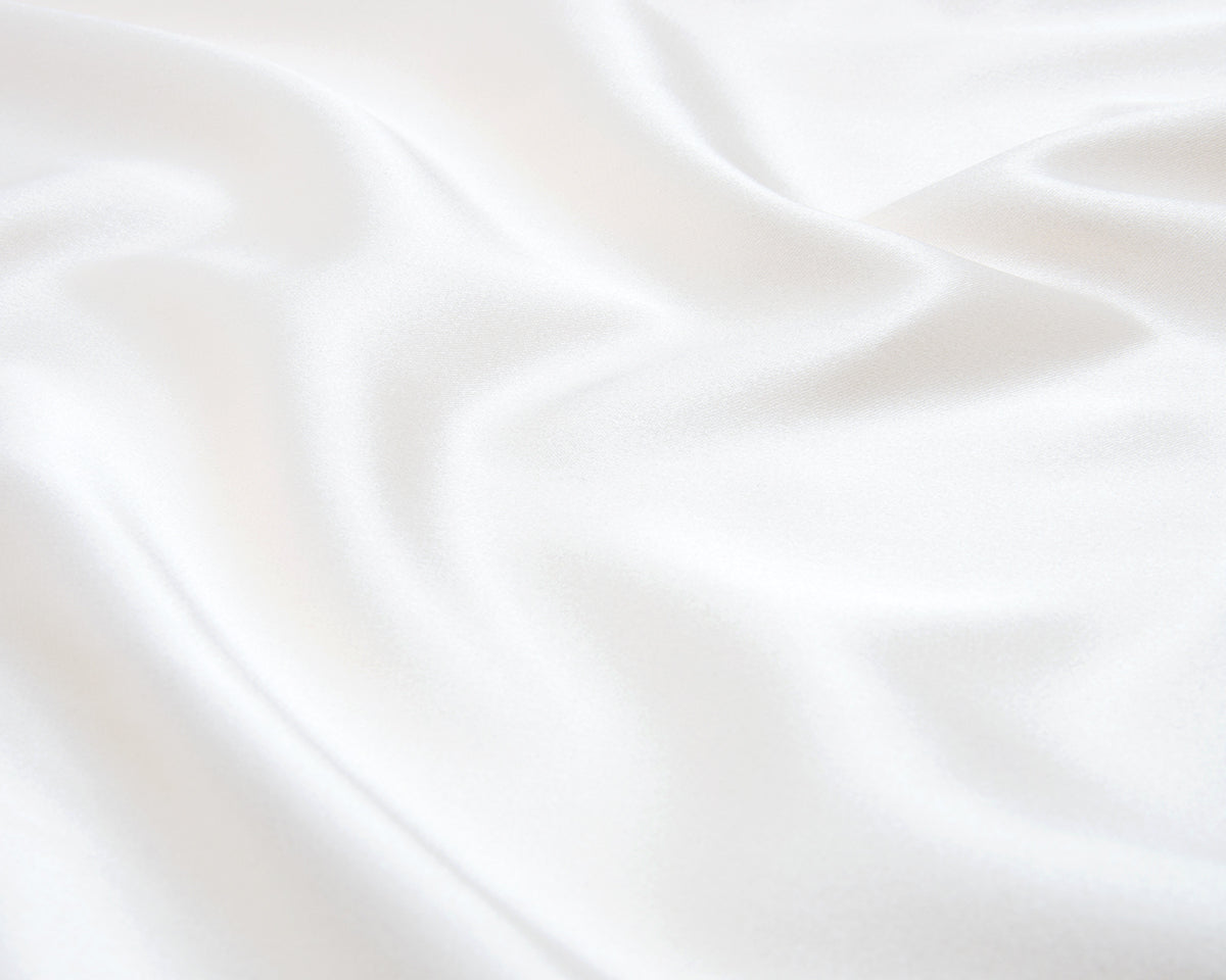 A close-up image of the silk on the CLOUD NINE white silk robe.