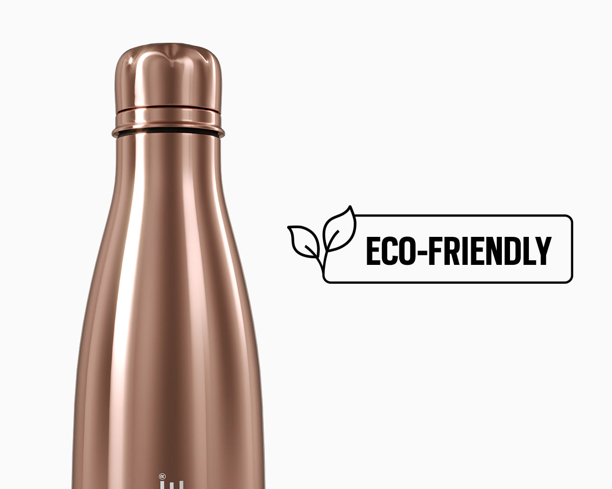 An image of the rose gold CLOUD NINE Eco-Friendly Water Bottle positioned next to the eco-friendly logo on a white background.