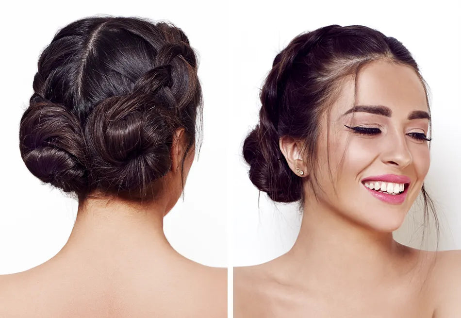 A front and back facing image of a model showing a hairstyle with two french plaits going into buns.