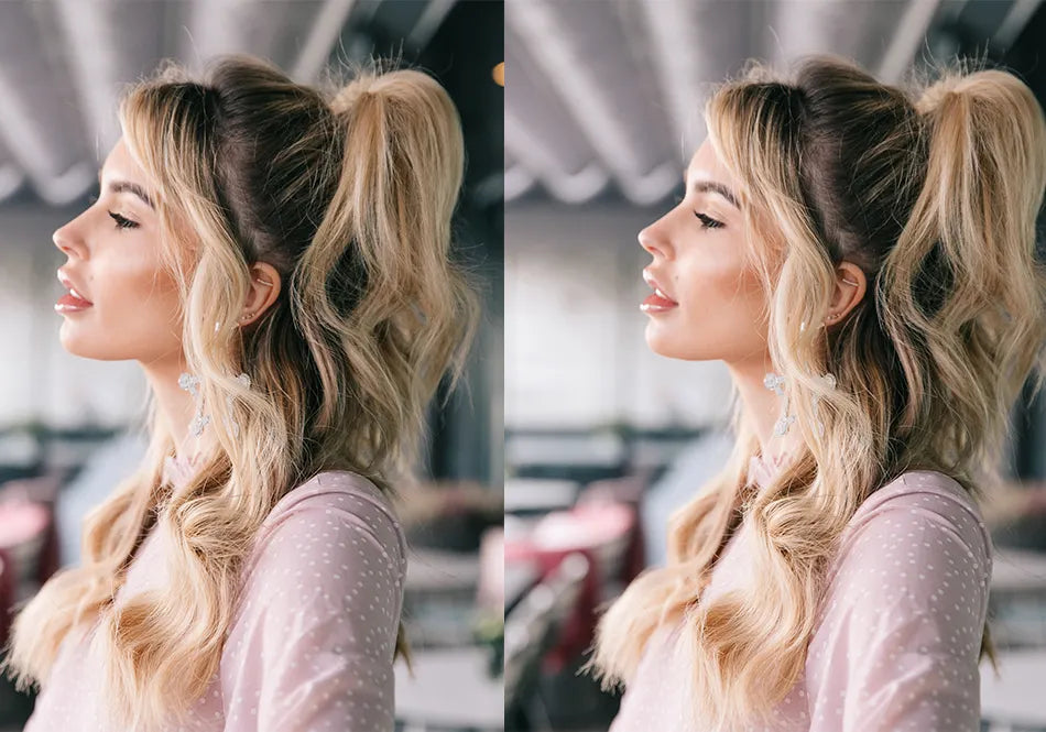Two matching images of a blonde model with a curly half-up half-down hairstyle.