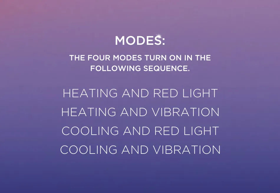 Pink and purple background with text stating the four modes 'heating and red light, heating and vibration, cooling and red light, cooling and vibration'.
