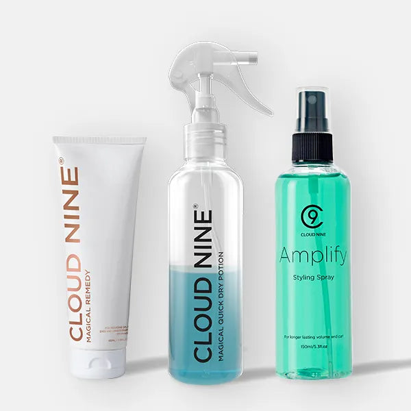 Image of 3 full sized CLOUD NINE hair products including the Magical Remedy, Magical Potion and Amplifying Spray.