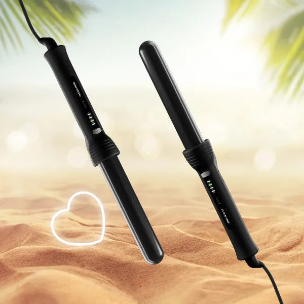 Two Curling Wands on a beach style background.
