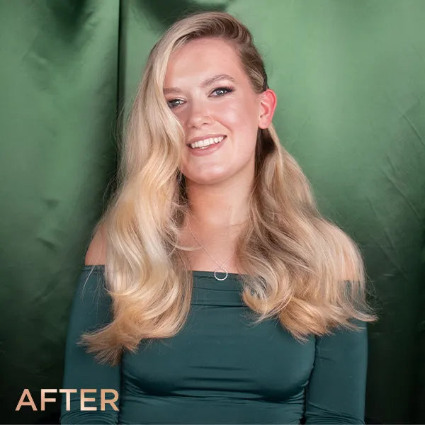 'After' image of smiling blonde model with wavy hair.