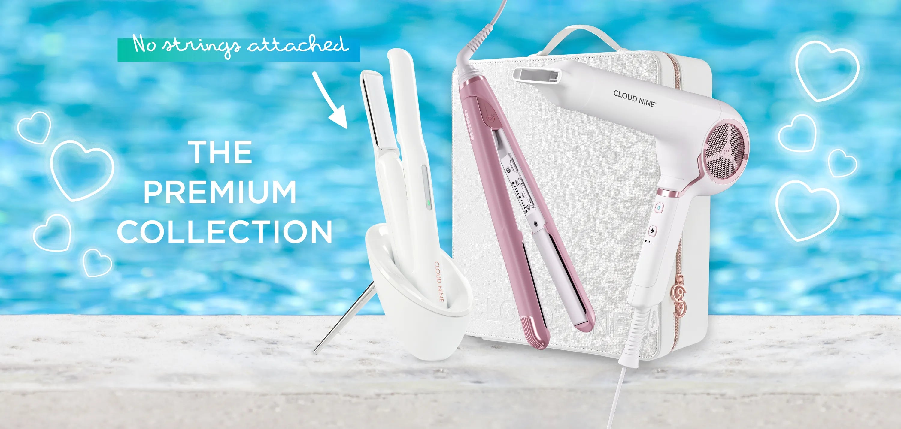 Image showcasing the CLOUD NINE premium collection including the white Cordless Iron, pink Original Iron Pro and white Airshot Pro on a beach style background.