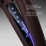 The Wide Iron pictured with a lit up digital display, featuring temperature settings from 100 to 200 degrees celsius on a gradient grey background. Select your optimum styling temperature to reduce excess heat.