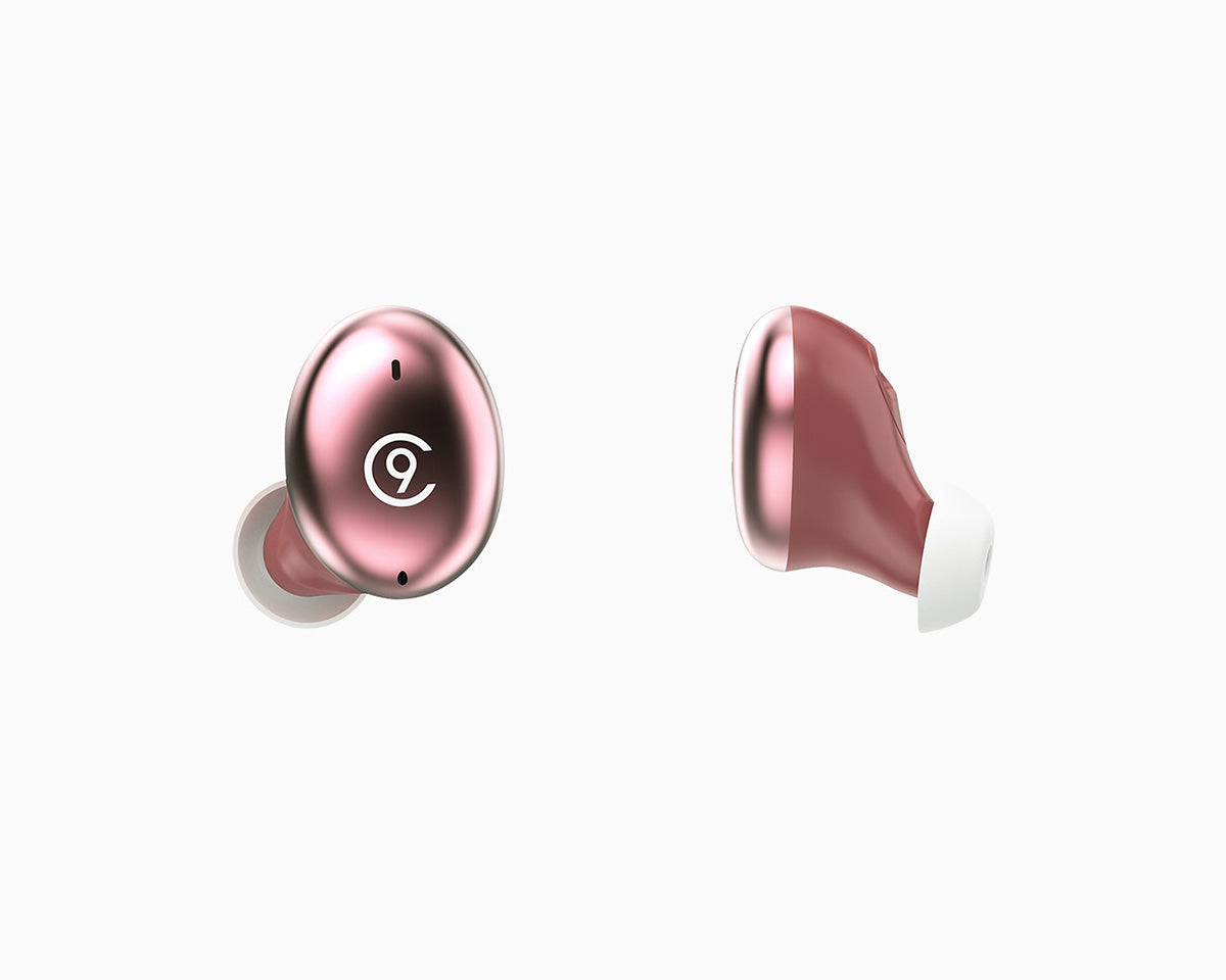 An image of the metallic pink CLOUD NINE i3 Earbuds.