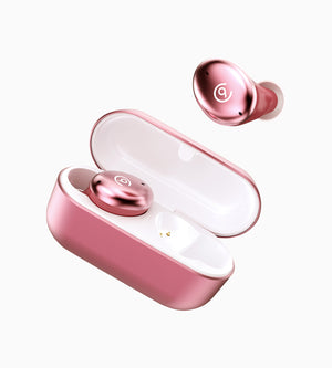 Metallic pink i3 Wireless Earbuds, one is in the case and the other is above, featuring CLOUD NINE branding.