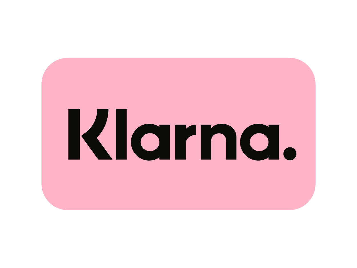 Klarna logo with black writing on a pink square.