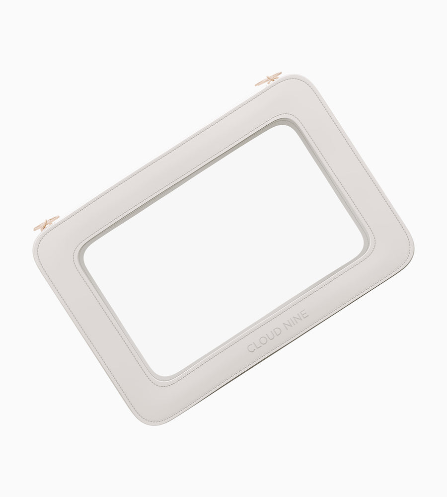 A white Luxury Travel Bag tilted with clear centre panel on a white background.