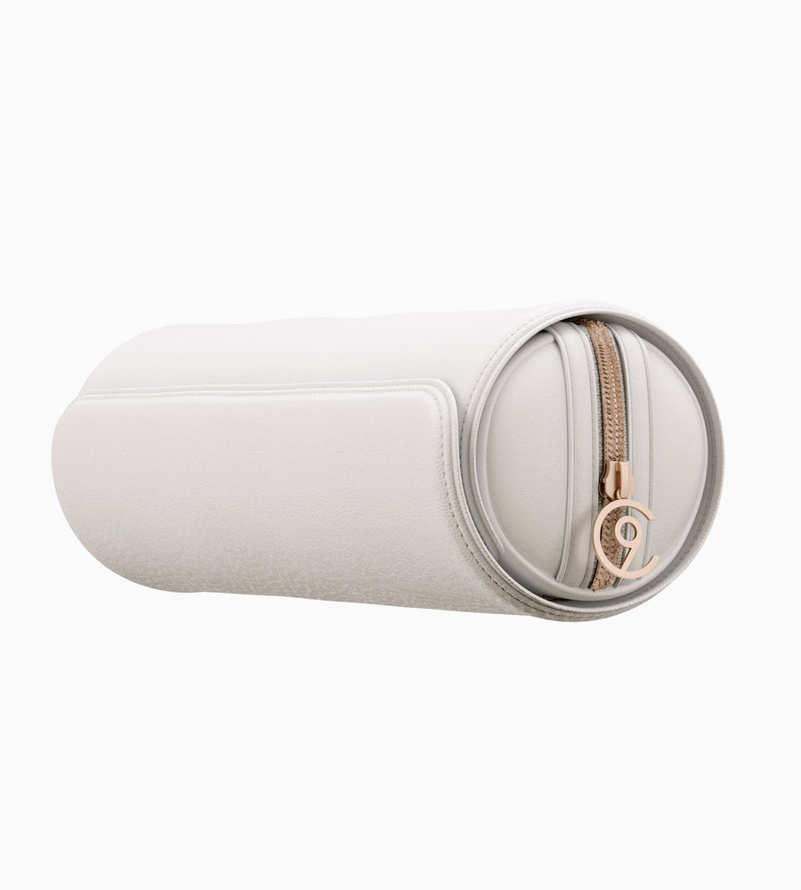 A white faux leather roll bag with a CLOUD NINE zipper in gold.