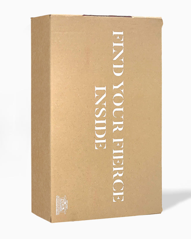 CLOUD NINE's eco-friendly packaging, a brown cardboard box with the writing ' Find your fierce inside'.