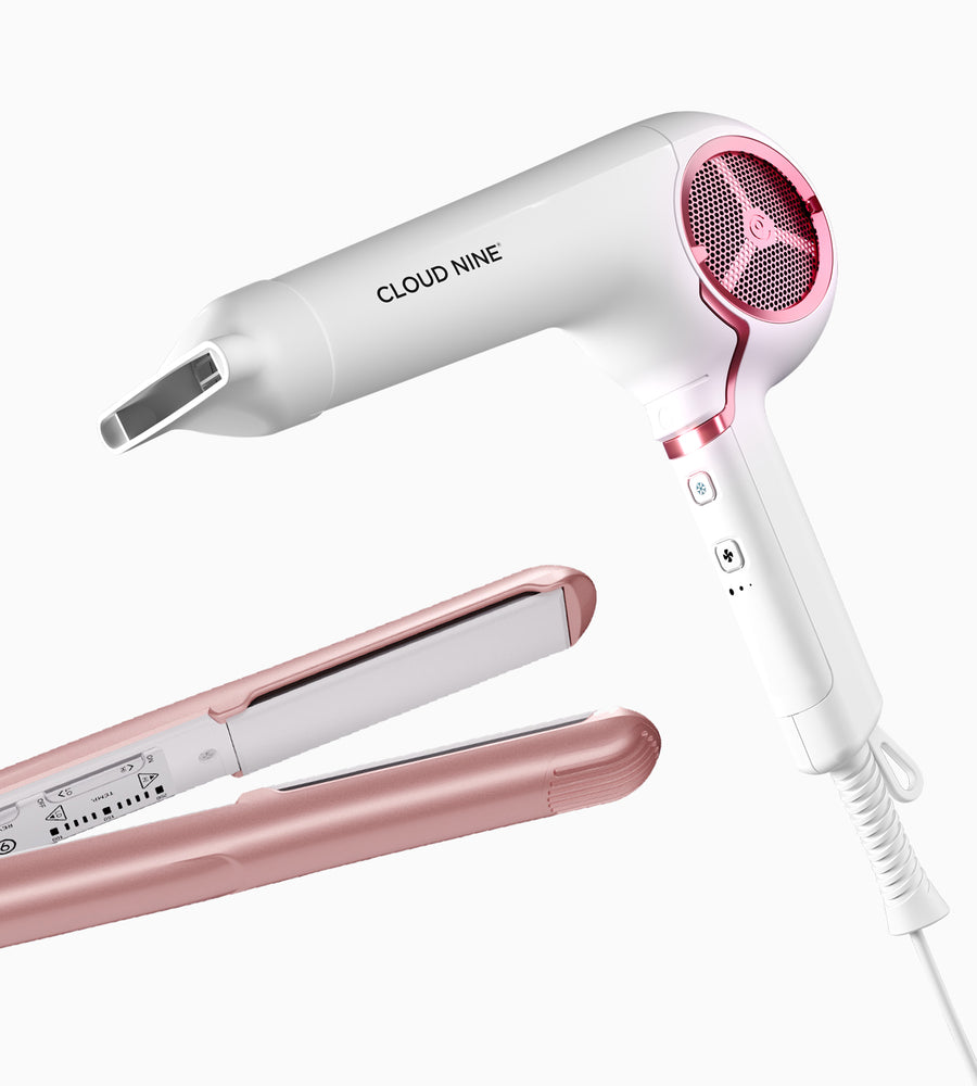 Full product image showing the Original Pro Pink Iron coming in from the left and the Airshot Pro positioned on the right with the nozzle facing the left.