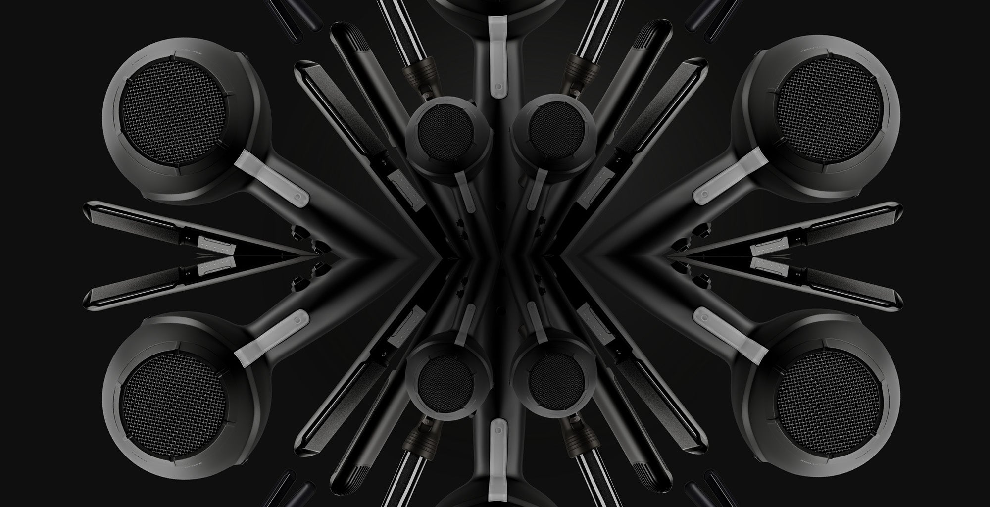 A mirrored image of black CLOUD NINE straighteners, curlers and hair dryers on a black background. The products fan out from the centre.