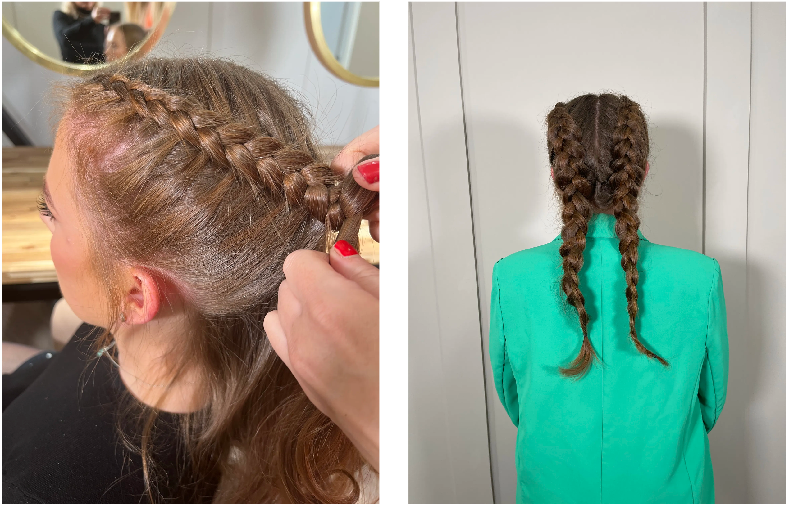 The left image shows someone French Braiding hair. The right image is the finished product and the model has two French Braids.