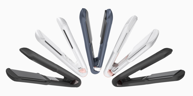 Five CLOUD NINE straighteners in black, white and blue fanned out on a white background.