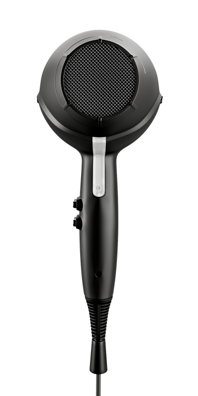 Image of the back of The Airshot hair dryer in black standing upright on a white background.