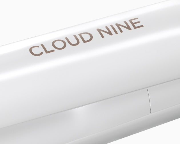 Close up of CLOUD NINE branding on the white CLOUD NINE Original Cordless Iron.