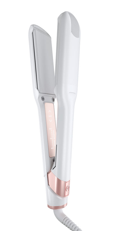 A zoomed out image of white and rose gold CLOUD NINE Wide Iron Pro on white background.