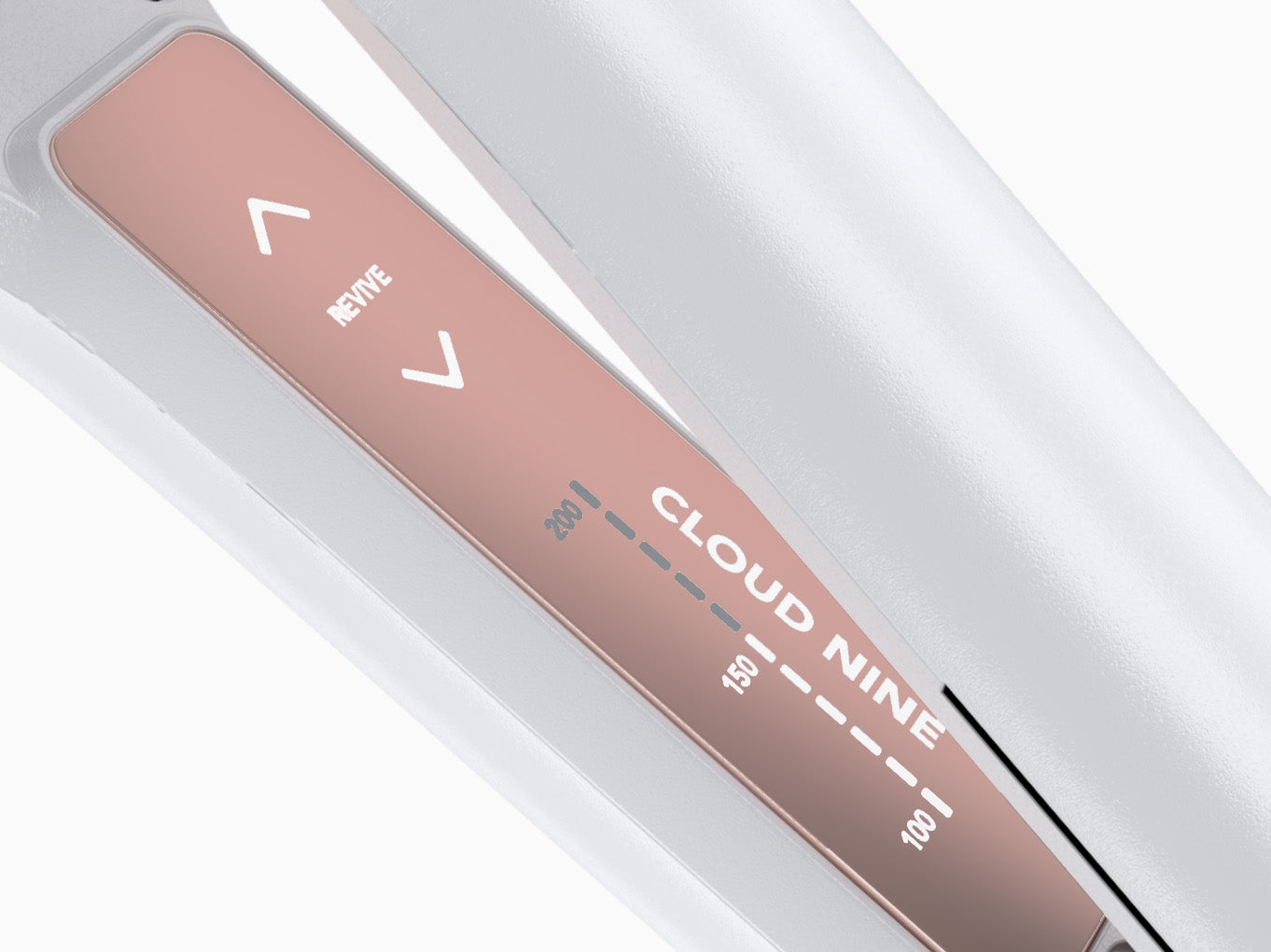 Close up of the variable temperature control settings and Revive mode on the CLOUD NINE white and rose gold White Wide Iron Pro on a white background.