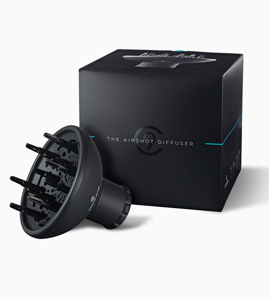 Package shot with The Airshot hair dryer diffuser in front of the box.