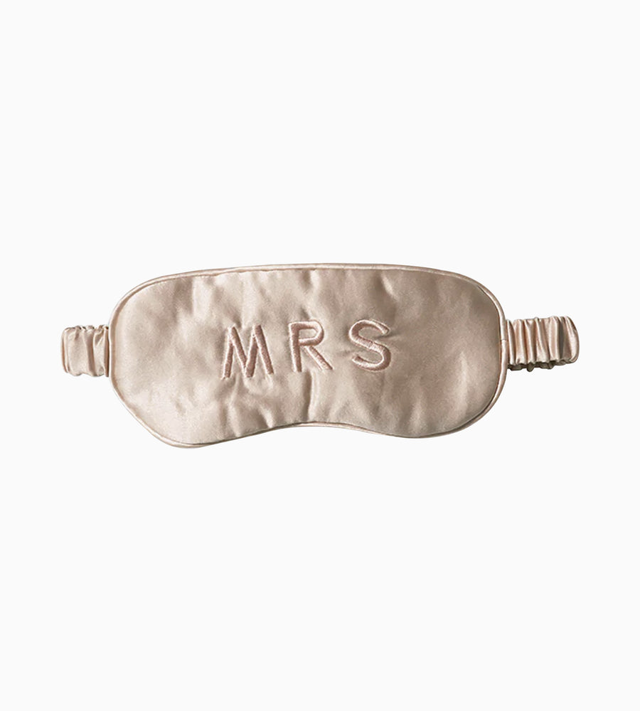 Rose coloured silk eyemask with 'MRS' embroidery. 