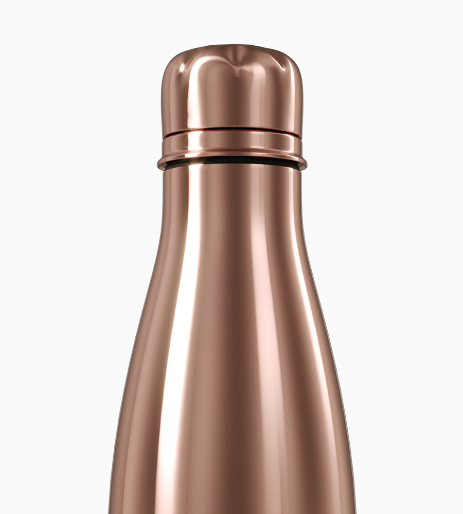 Close up image of top and cap of rose gold CLOUD NINE water bottle on white background.