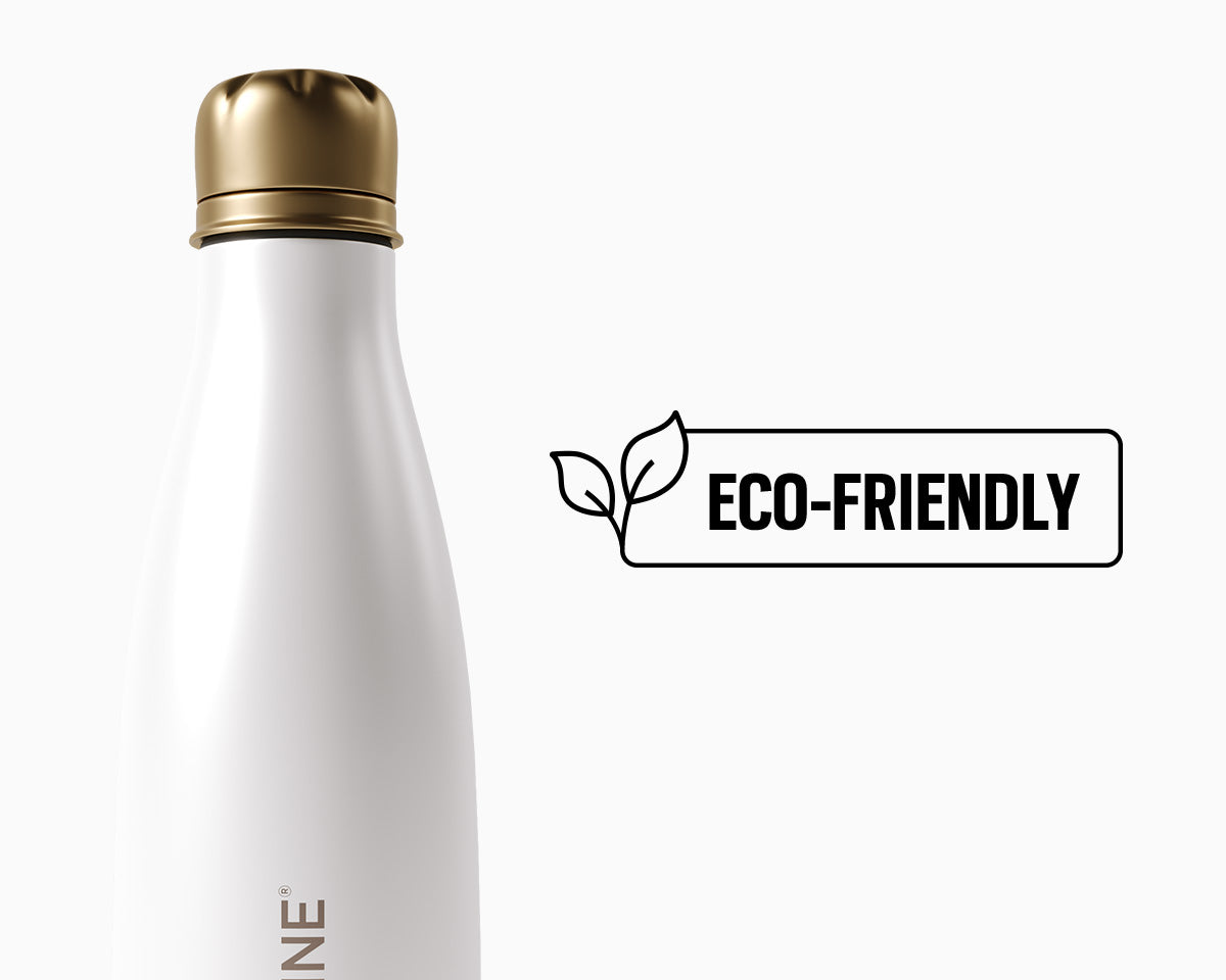 An image of the white CLOUD NINE Eco-Friendly Water Bottle positioned next to the left of the eco-friendly logo on a white background.