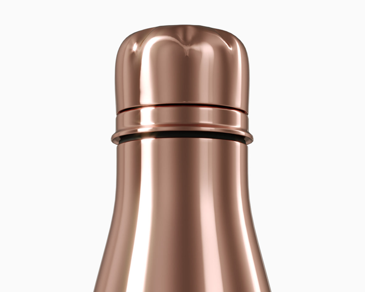 A close-up of the top of the rose gold CLOUD NINE Eco-Friendly Water Bottle on a white background.