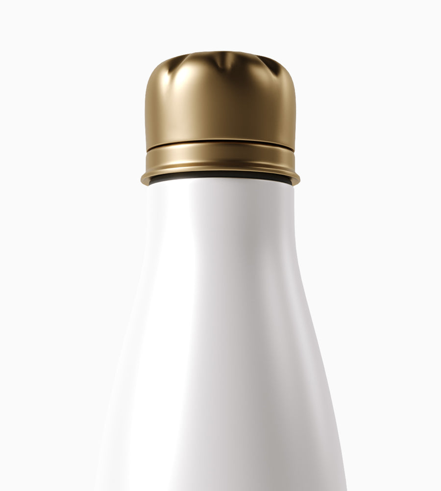 Cropped view of a white water bottle with a gold twist top.
